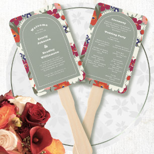 Sage Green Colorful Floral Boho Retro Wedding Hand Fan