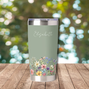 Sage Green Colorful Wildflowers Name Insulated Tumbler