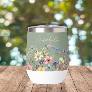 Sage Green Colorful Wildflowers Name Thermal Wine Tumbler