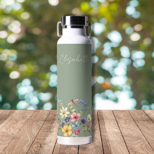 Sage Green Colorful Wildflowers Name Water Bottle
