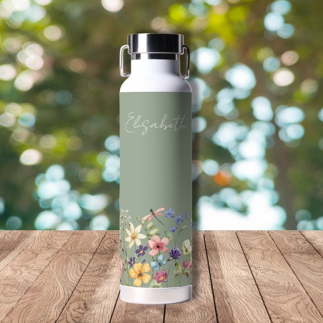  Sage Green Colorful Wildflowers Name Water Bottle (Creator Uploaded)