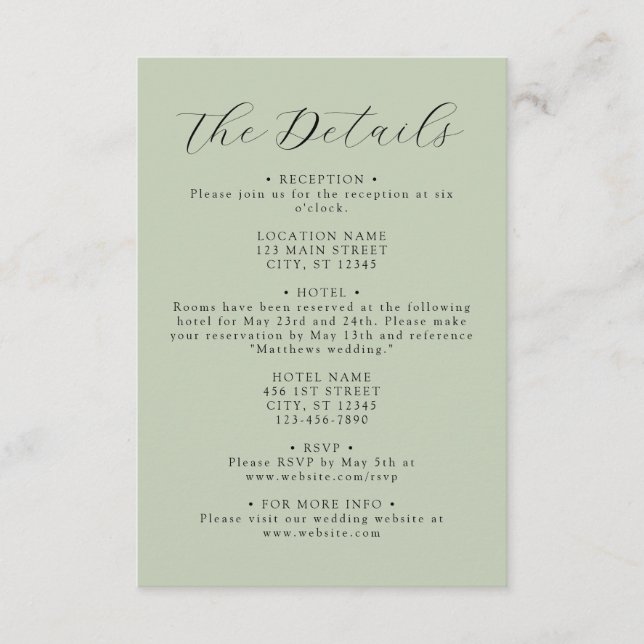 Sage Green Coordinate Wedding Details Enclosure Card (Front)