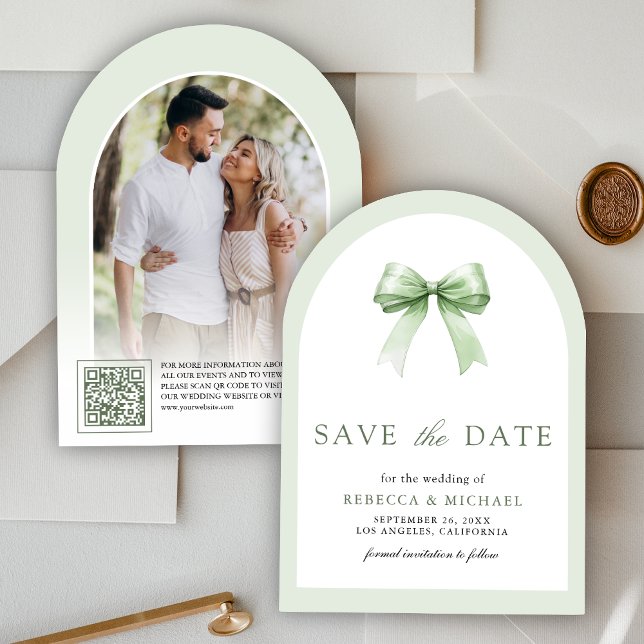 Sage Green Coquette Bow Arch Photo Wedding Save The Date (Creator Uploaded)