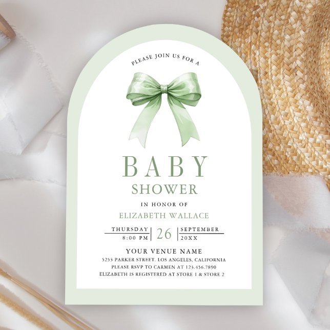 Sage Green Coquette Bow Arch QR Code Baby Shower Invitation (Creator Uploaded)