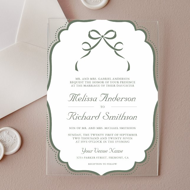 Sage Green Coquette Bow Wedding Acrylic Invitations (Creator Uploaded)