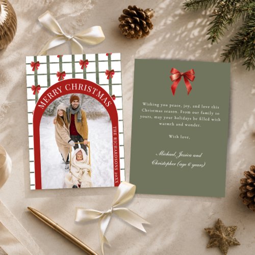 Sage Green & Coquette Red Bow Arch Christmas Photo Holiday Card