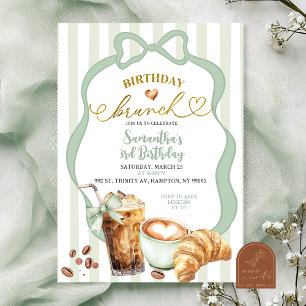 Sage Green Coquette Stripes Birthday Brunch Invitation