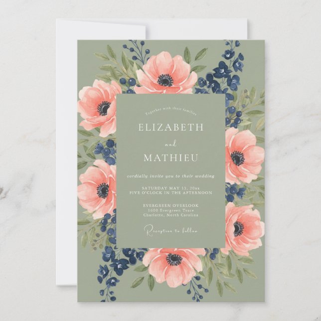 Sage Green Coral Botanical Rustic Wedding Invitation (Front)