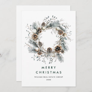 Sage Green Country Christmas Pine Cones Wreath Holiday Card