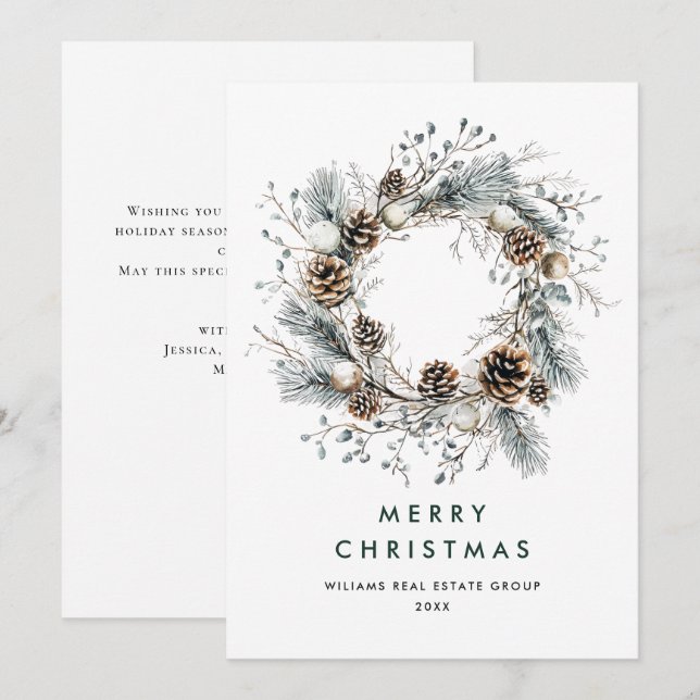 Sage Green Country Christmas Pine Cones Wreath Holiday Card (Front/Back)