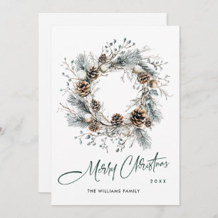 Sage Green Country Christmas Pine Cones Wreath Holiday Card