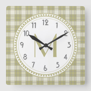 Sage Green Country Plaid Pattern Monogram Square Wall Clock