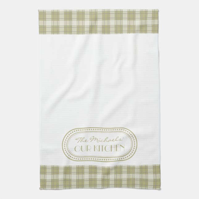 Sage Green Country Plaid Pattern Monogram Towel (Vertical)