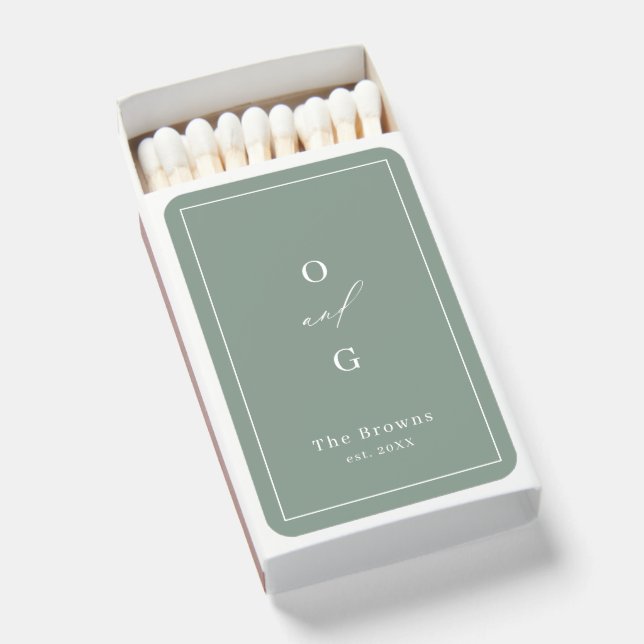 Sage Green couple monogram minimalist wedding Matchboxes (Front Open)