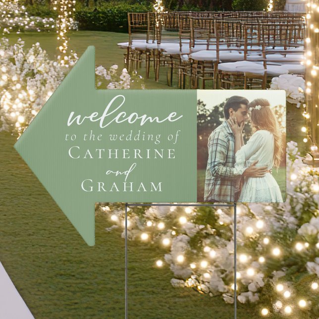 Sage Green Couple Photo Wedding Arrow Yard Sign (Creator Uploaded)