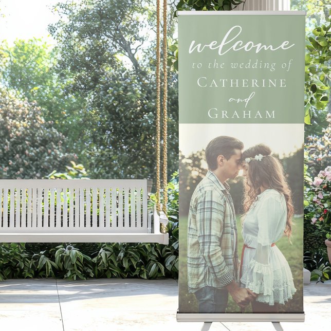 Sage Green Couple Photo White Script Wedding Retractable Banner (Creator Uploaded)