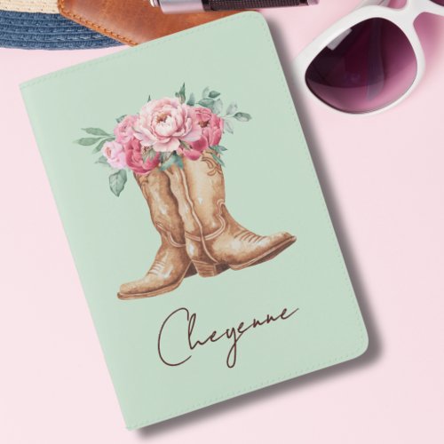 Sage Green Cowboy Boots and Flowers Personalized Passport Holder