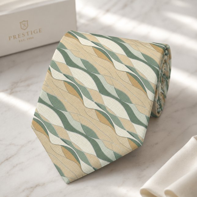 Sage Green Cream Abstract Wavy Pattern Neck Tie (Creator Uploaded)