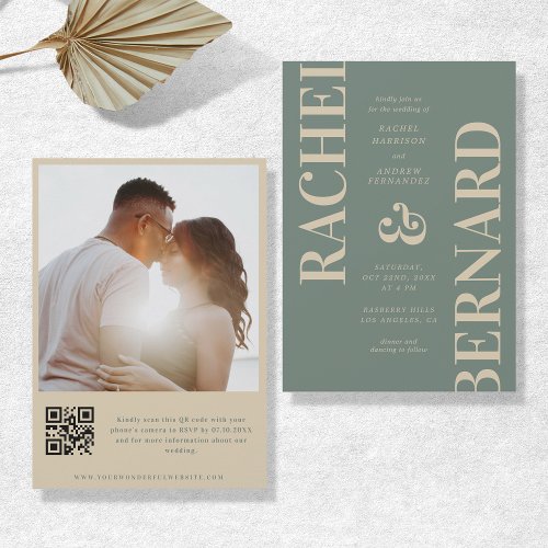 Sage Green  Cream Bold Typography QR Code Wedding Invitation