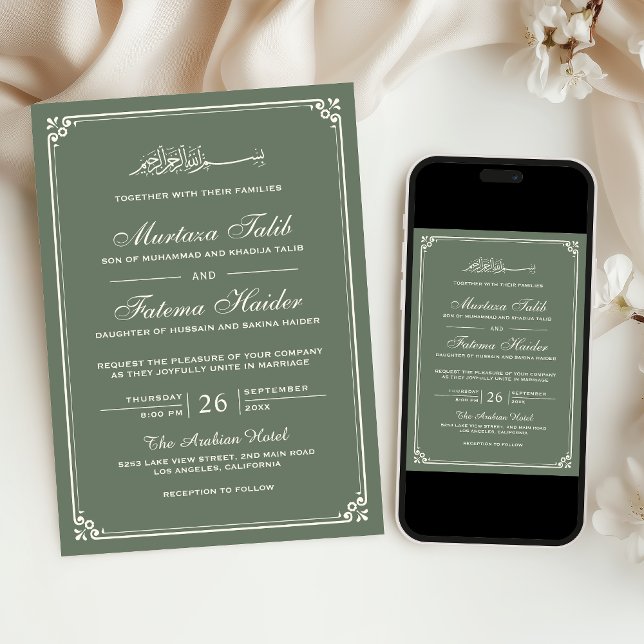Sage Green Cream Border Muslim Wedding Invitation (Creator Uploaded)