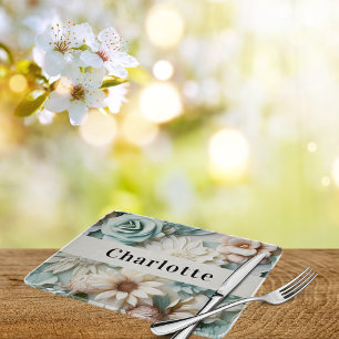 Sage green cream florals name script cutting board