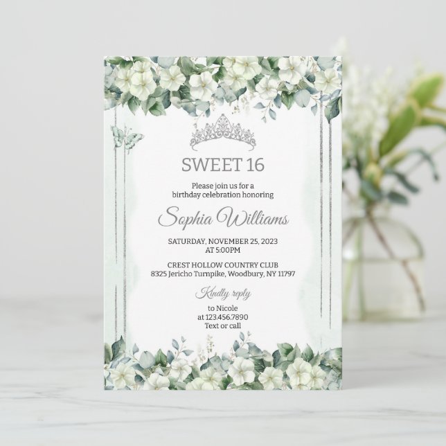 Sage Green Cream Flowers, Floral Sweet Sixteen Invitation (Standing Front)