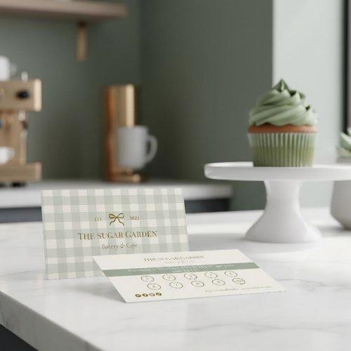 Sage Green Cream Gingham Bow Bakery Loyalty Punch Business Card