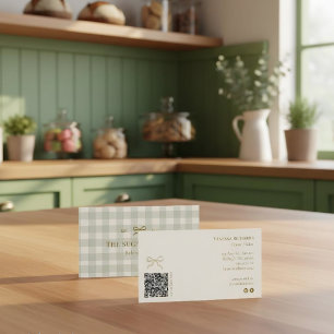 sage Green Cream Gingham QR Bakery Marketing Business Card
