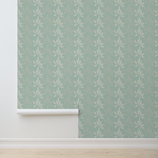 Sage Green & Cream Leaf Pattern Wallpaper (Application)