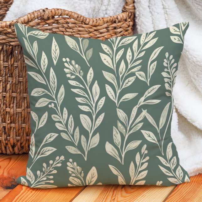 Sage Green Cream Leaves Farmhouse Botanical Throw Pillow (Sage Green Cream Leaves Farmhouse Botanical Throw Pillow)