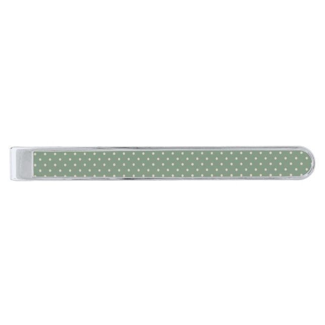 Sage Green & Cream Polka Dot Silver Finish Tie Bar (Front)