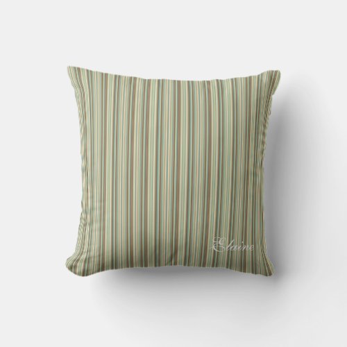 Sage Green Cream Taupe Stripes Custom Monogram Throw Pillow