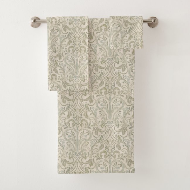 Sage Green Cream Vintage Scrollwork Bath Towel Set