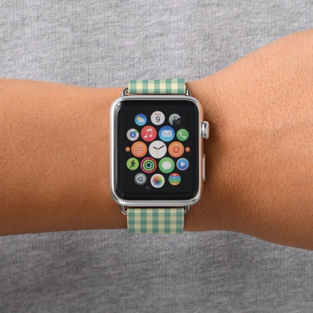 Sage Green Cream White Check Plaid Apple Watch Band (In Situ)