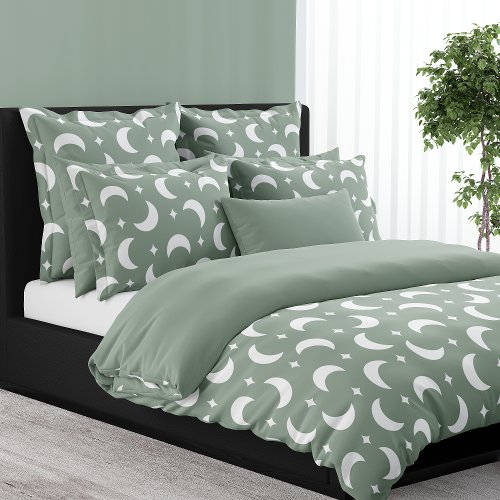 Sage Green Crescent Moon And Stars Celestial Duvet Cover