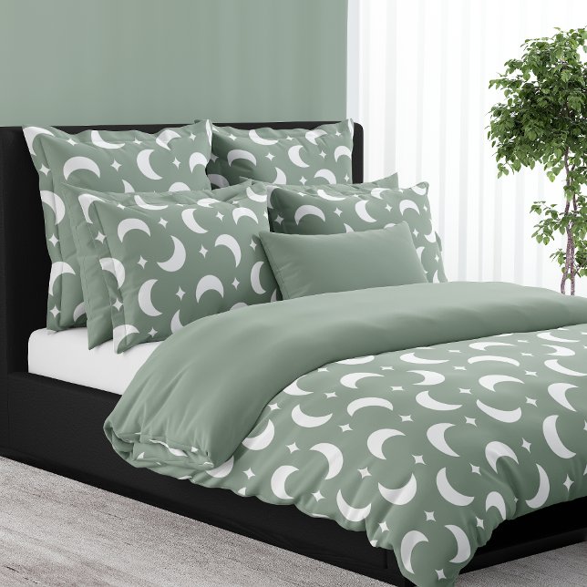 Sage Green Crescent Moon And Stars Celestial Duvet Cover (Creator Uploaded)