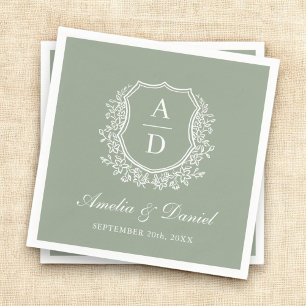 Sage Green Crest Elegant Monogram Wedding Napkins