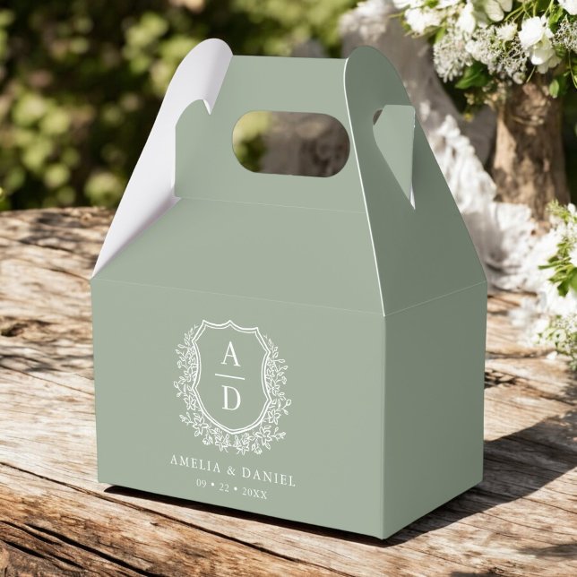 Sage Green Crest Floral Monogram Wedding Modern Favor Boxes (Creator Uploaded)