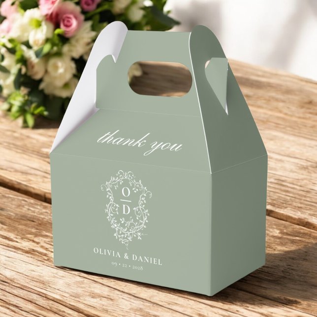 Sage Green Crest Floral Monogram Wedding Modern Favor Boxes (Creator Uploaded)