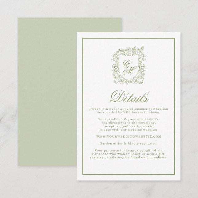 Sage Green Crest Garden Wedding Details Card (Front/Back)