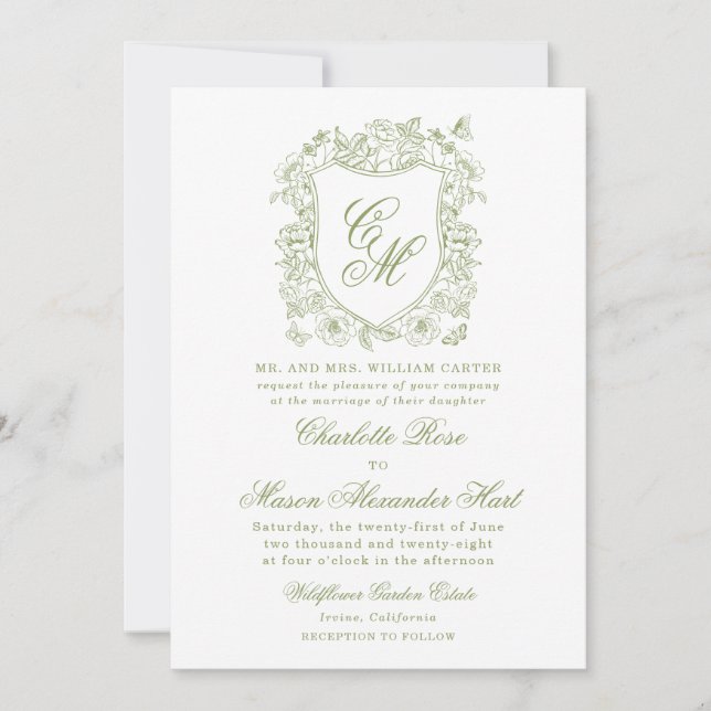 Sage Green Crest Garden Wedding Invitation (Front)