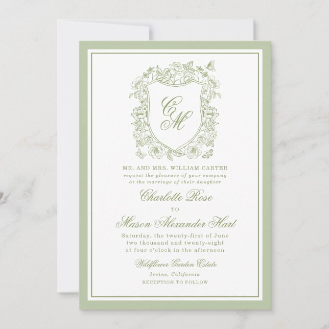 Sage Green Crest Garden Wedding Invitation (Front)