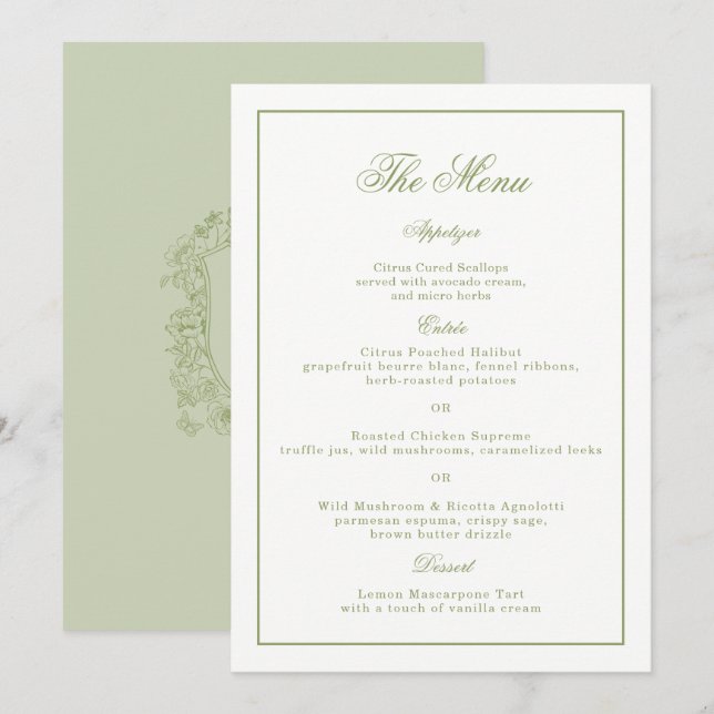 Sage Green Crest Garden Wedding Menu Card (Front/Back)