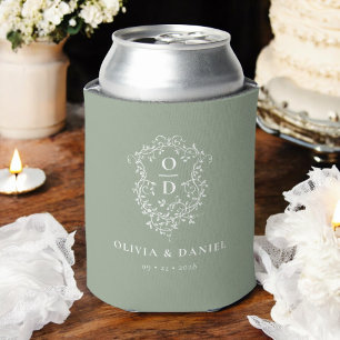 Sage Green Crest Modern Monogram Wedding Can Cooler