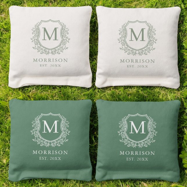 Sage Green Crest Modern Monogram Wedding  Cornhole Bags (Creator Uploaded)