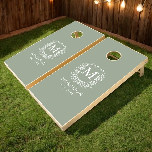 Sage Green Crest Modern Monogram Wedding  Cornhole Set (Creator Uploaded)
