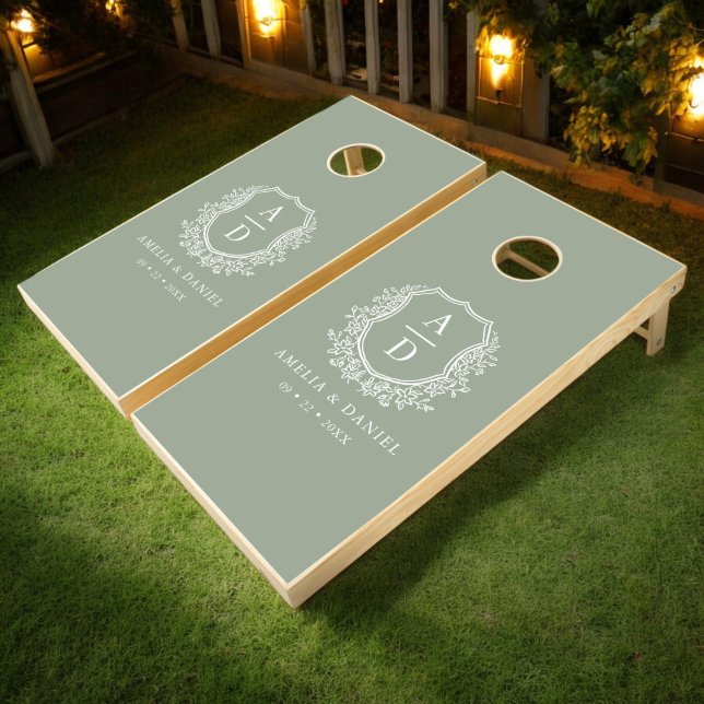 Sage Green Crest Modern Monogram Wedding  Cornhole Set (Creator Uploaded)