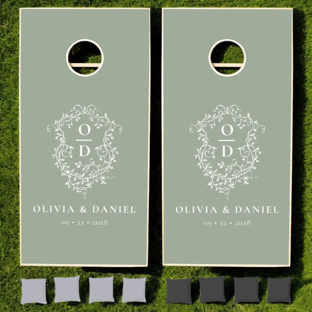 Sage Green Crest Modern Monogram Wedding  Cornhole Set (Creator Uploaded)