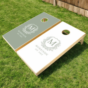 Sage Green Crest Modern Monogram Wedding Cornhole Set