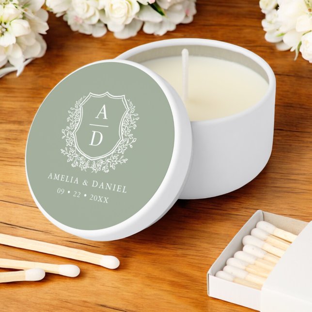 Sage Green Crest Modern Monogram Wedding  Mini Candle Favors (Creator Uploaded)